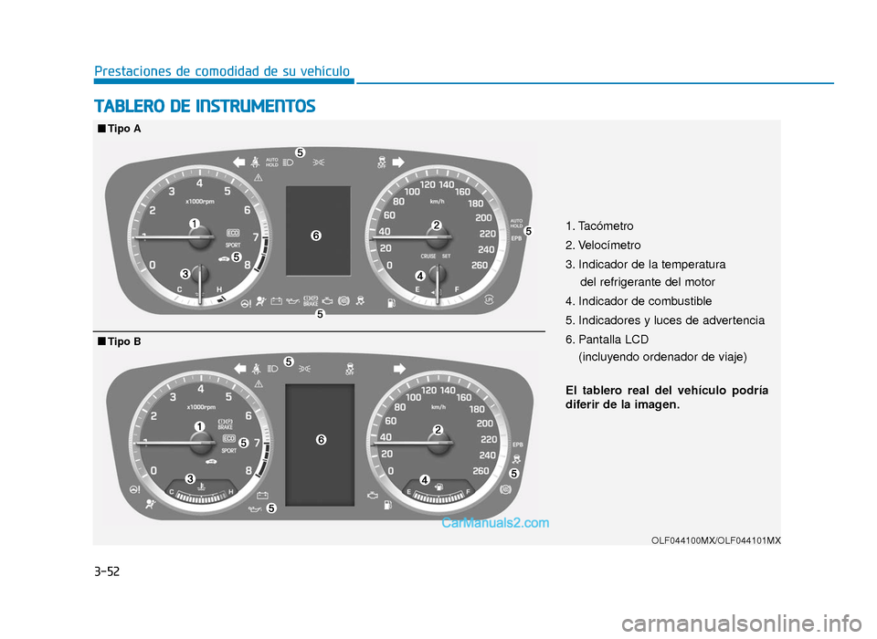 Hyundai Sonata 2015  Manual del propietario (in Spanish) 3-52
Prestaciones de comodidad de su vehículo
T
TA
A B
BL
LE
E R
R O
O  
 D
D E
E 
 I
IN
N S
ST
T R
R U
U M
M E
EN
N T
TO
O S
S
1. Tacómetro
2. Velocímetro
3. Indicador de la temperatura 
del refri