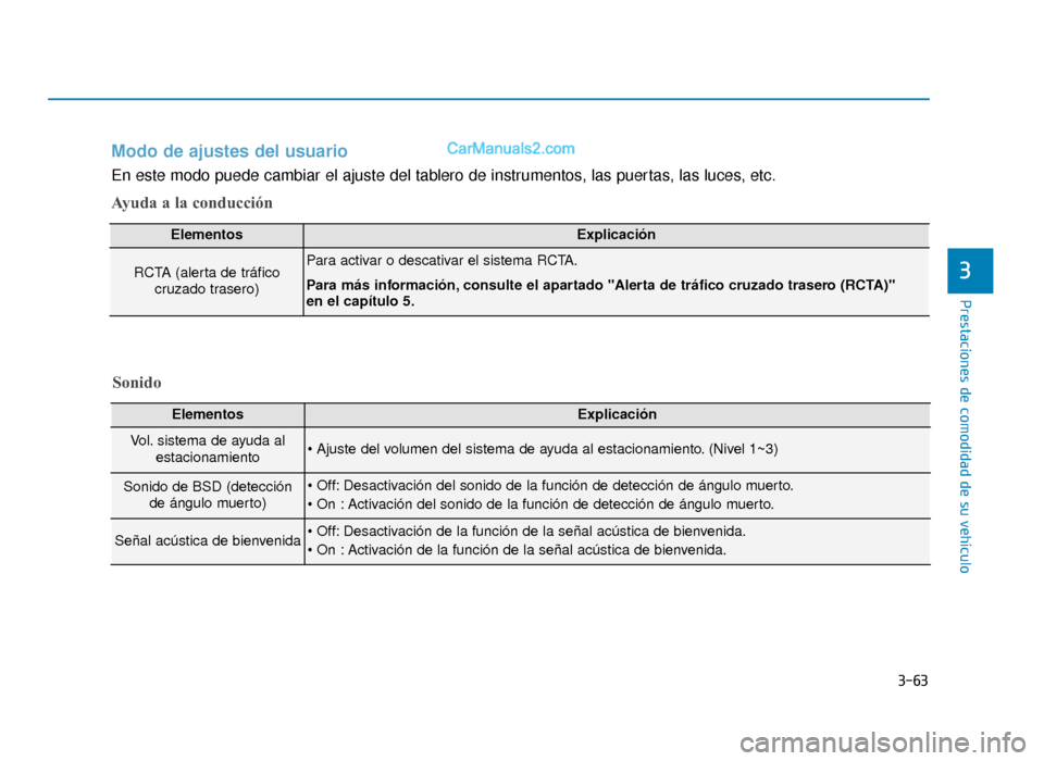Hyundai Sonata 2015  Manual del propietario (in Spanish) 3-63
Prestaciones de comodidad de su vehículo
3
Modo de ajustes del usuario
En este modo puede cambiar el ajuste del tablero de instrumentos, las puertas, las luces, etc.
Ayuda a la conducción
Eleme
