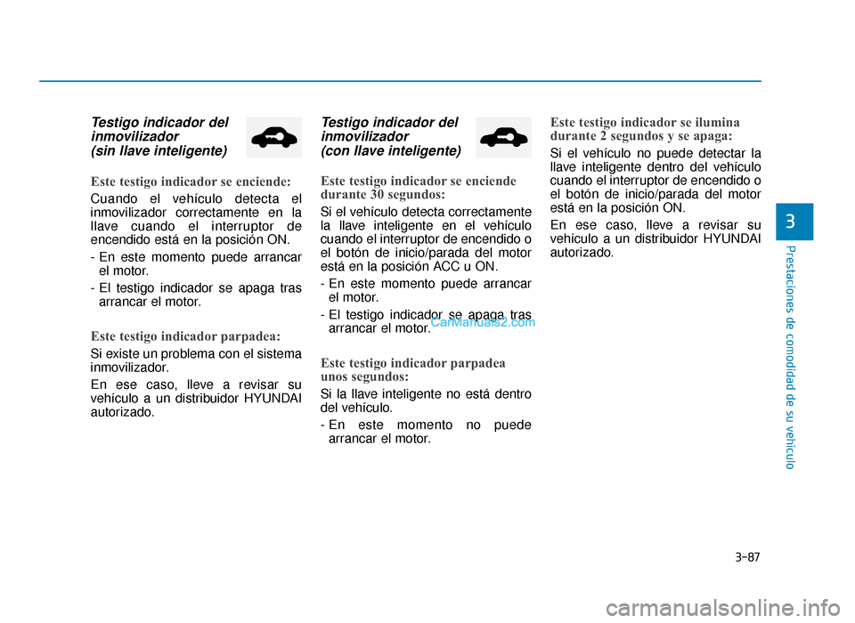 Hyundai Sonata 2015  Manual del propietario (in Spanish) 3-87
Prestaciones de comodidad de su vehículo
3
Testigo indicador delinmovilizador (sin llave inteligente) 
Este testigo indicador se enciende:
Cuando el vehículo detecta el
inmovilizador correctame