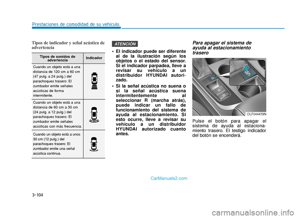 Hyundai Sonata 2015  Manual del propietario (in Spanish) 3-104
Prestaciones de comodidad de su vehículo
Tipos de indicador y señal acústica de
advertencia
 El indicador puede ser diferenteal de la ilustración según los
objetos o el estado del sensor.
S