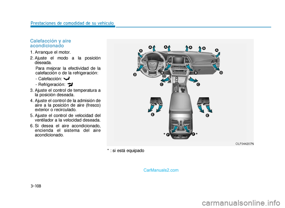 Hyundai Sonata 2015  Manual del propietario (in Spanish) 3-108
Prestaciones de comodidad de su vehículo
Calefacción y aire
acondicionado
1. Arranque el motor.
2. Ajuste el modo a la posicióndeseada.
Para mejorar la efectividad de la
calefacción o de la 