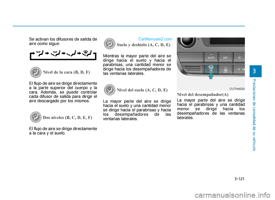Hyundai Sonata 2015  Manual del propietario (in Spanish) 3-121
Prestaciones de comodidad de su vehículo
3
Se activan los difusores de salida de
aire como sigue:
Nivel de la cara (B, D, F)
El flujo de aire se dirige directamente
a la parte superior del cuer