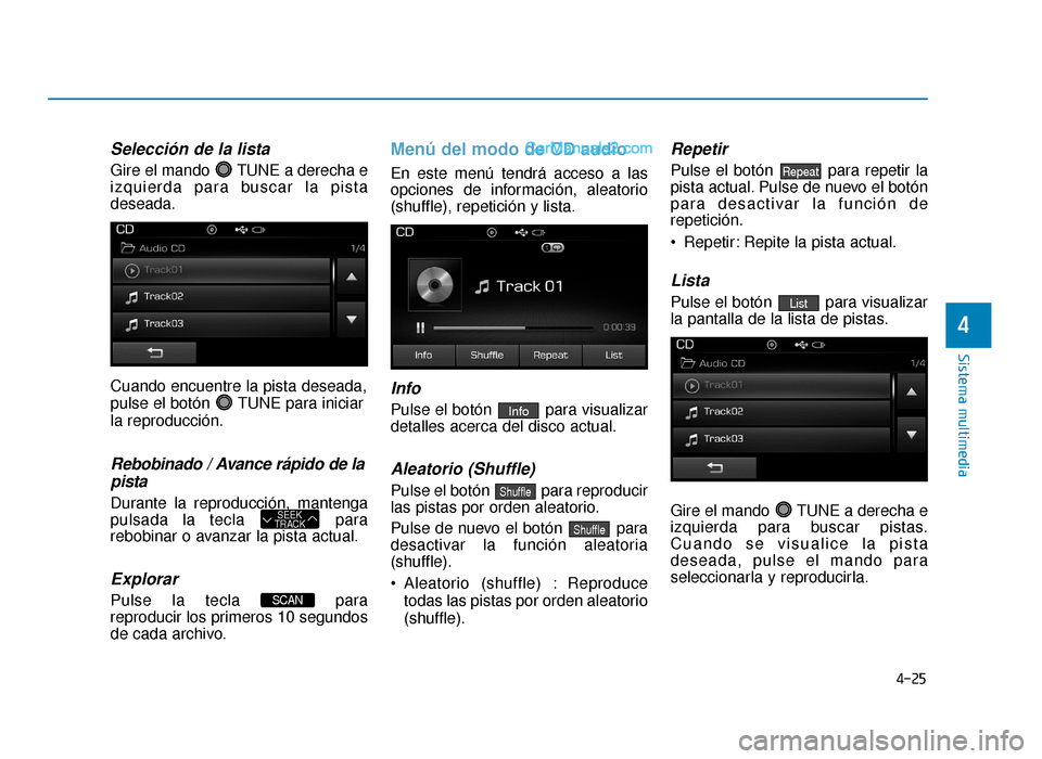 Hyundai Sonata 2015  Manual del propietario (in Spanish) 4-25
Sistema multimedia
4
Selección de la lista
Gire el mando  TUNE a derecha e
izquierda para buscar la pista
deseada.
Cuando encuentre la pista deseada,
pulse el botón  TUNE para iniciar
la reprod