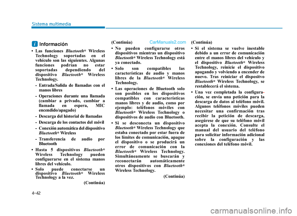Hyundai Sonata 2015  Manual del propietario (in Spanish) 4-42
Sistema multimedia
Información
• Las funciones Bluetooth®Wireless
Technology soportadas en el
vehículo son las siguientes. Algunas
funciones podrían no estar
soportadas dependiendo del
disp