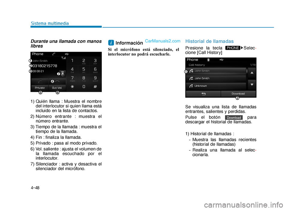 Hyundai Sonata 2015  Manual del propietario (in Spanish) 4-48
Sistema multimedia
Durante una llamada con manoslibres
1) Quién llama : Muestra el nombre
del interlocutor si quien llama está
incluido en la lista de contactos.
2) Número entrante : muestra e