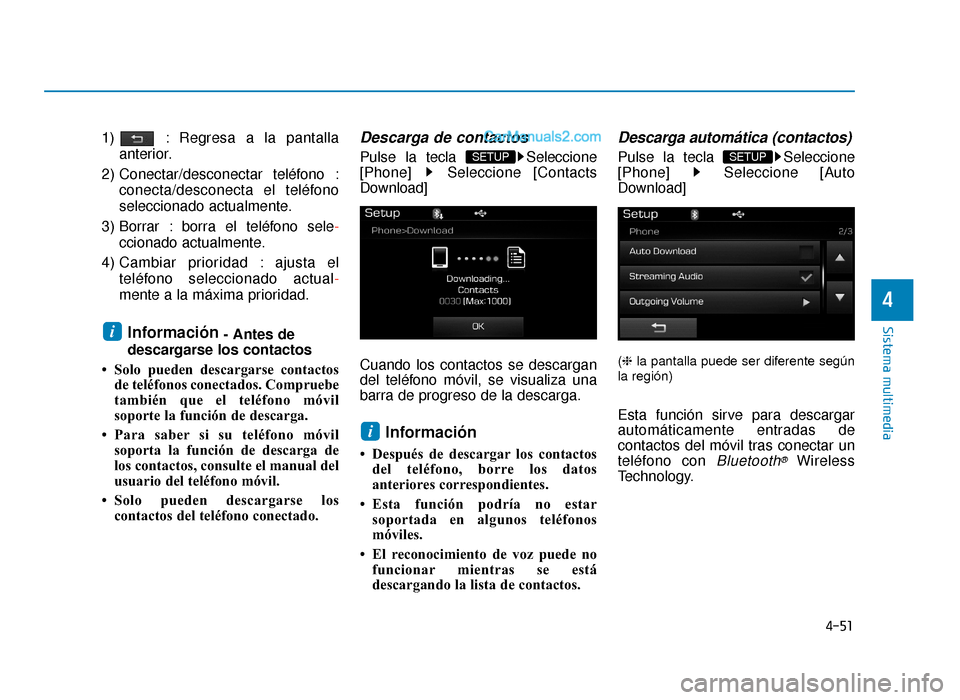 Hyundai Sonata 2015  Manual del propietario (in Spanish) 4-51
Sistema multimedia
4
1)  : Regresa a la pantallaanterior.
2) Conectar/desconectar teléfono : conecta/desconecta el teléfono
seleccionado actualmente.
3) Borrar : borra el teléfono sele -
ccion