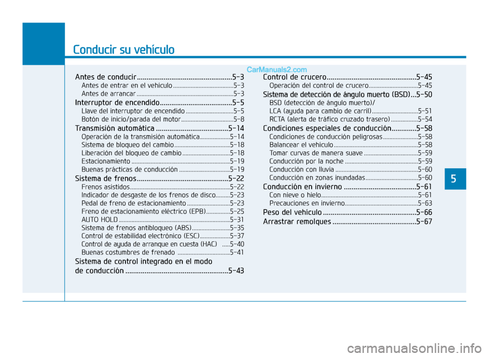 Hyundai Sonata 2015  Manual del propietario (in Spanish) Conducir su vehículo
5
Antes de conducir ..................................................5-3
Antes de entrar en el vehículo ......................................5-3
Antes de arrancar ............