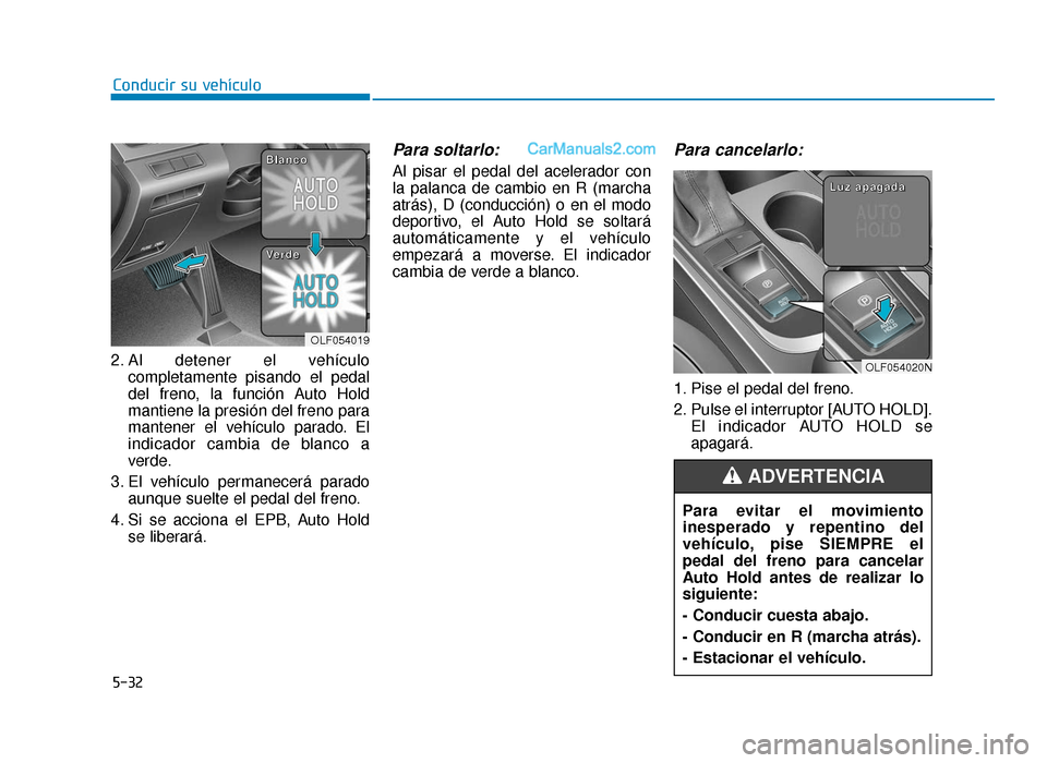 Hyundai Sonata 2015  Manual del propietario (in Spanish) 5-32
Conducir su vehículo
2. Al detener el vehículo completamente pisando el pedal
del freno, la función Auto Hold
mantiene la presión del freno para
mantener el vehículo parado. El
indicador cam