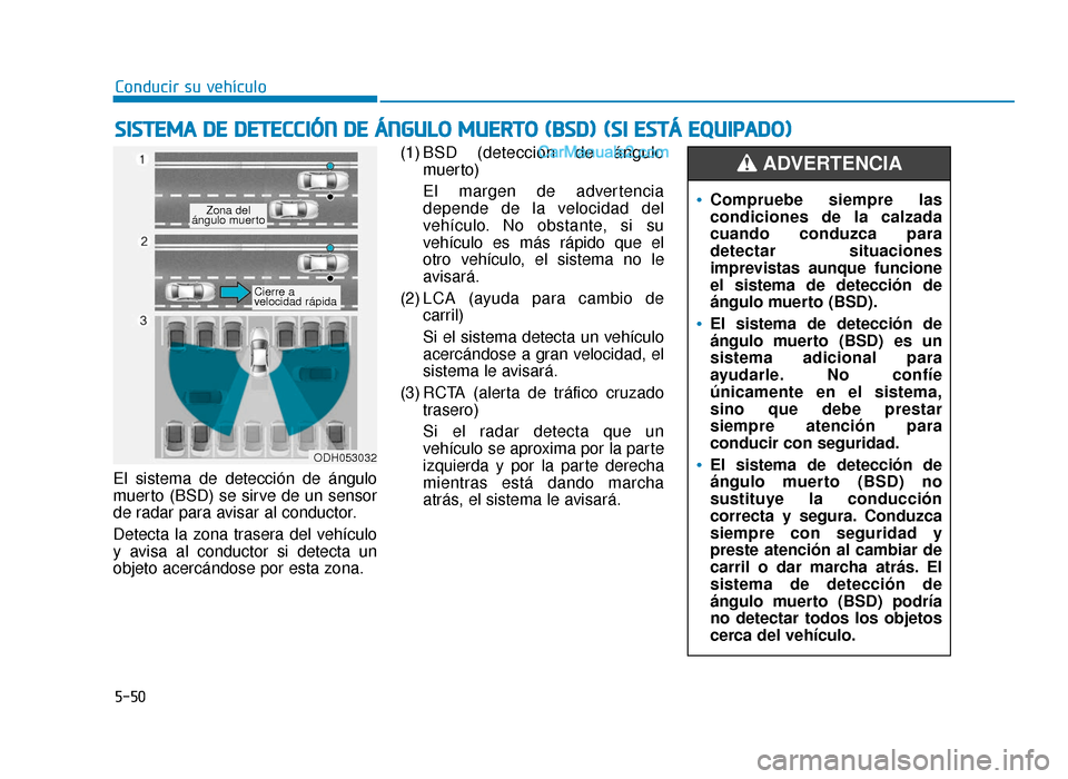 Hyundai Sonata 2015  Manual del propietario (in Spanish) 5-50
Conducir su vehículo
El sistema de detección de ángulo
muerto (BSD) se sirve de un sensor
de radar para avisar al conductor.
Detecta la zona trasera del vehículo
y avisa al conductor si detec