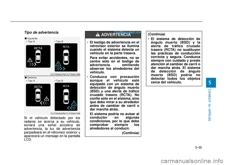 Hyundai Sonata 2015  Manual del propietario (in Spanish) 5-55
Conducir su vehículo
5
Tipo de advertencia
Si el vehículo detectado por los
radares se acerca a su vehículo,
sonará una señal acústica de
advertencia, la luz de advertencia
parpadeará en e