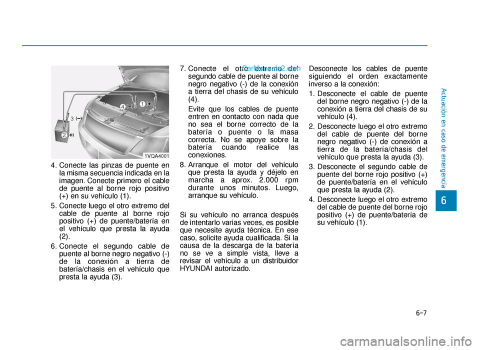 Hyundai Sonata 2015  Manual del propietario (in Spanish) 6-7
Actuación en caso de emergencia
6
4. Conecte las pinzas de puente enla misma secuencia indicada en la
imagen. Conecte primero el cable
de puente al borne rojo positivo
(+) en su vehículo (1).
5.