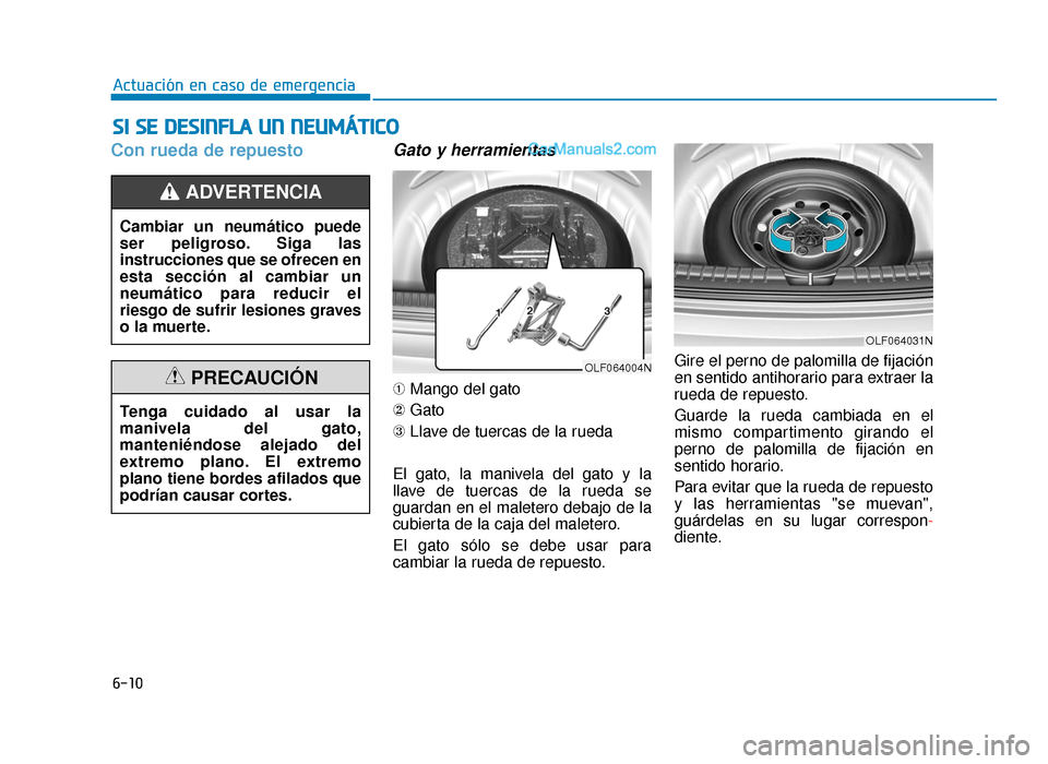 Hyundai Sonata 2015  Manual del propietario (in Spanish) 6-10
Actuación en caso de emergencia
Con rueda de repuesto Gato y herramientas
➀Mango del gato
② Gato
③ Llave de tuercas de la rueda
El gato, la manivela del gato y la
llave de tuercas de la ru