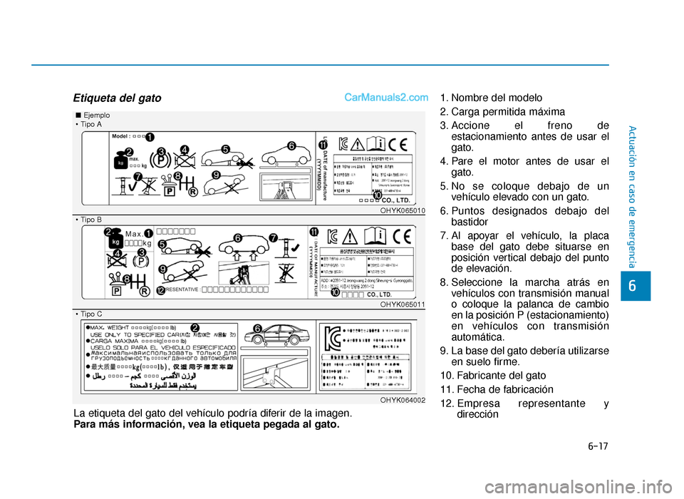 Hyundai Sonata 2015  Manual del propietario (in Spanish) 6-17
Actuación en caso de emergencia
6
Etiqueta del gato1. Nombre del modelo
2. Carga permitida máxima
3. Accione el freno deestacionamiento antes de usar el
gato.
4. Pare el motor antes de usar el 