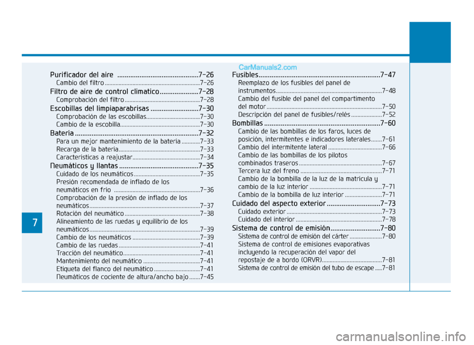 Hyundai Sonata 2015  Manual del propietario (in Spanish) 7
Purificador del aire ............................................7-26
Cambio del filtro ..............................................................7-26
Filtro de aire de control climatico .......