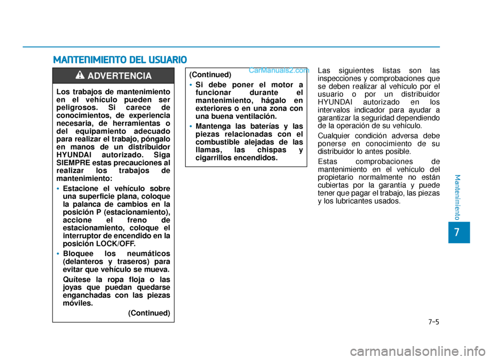 Hyundai Sonata 2015  Manual del propietario (in Spanish) 7-5
7
Mantenimiento
M
MA
AN
N T
TE
EN
N I
IM
M I
IE
E N
N T
TO
O  
 D
D E
EL
L 
 U
U S
SU
U A
AR
RI
IO
O
Las siguientes listas son las
inspecciones y comprobaciones que
se deben realizar al vehículo 