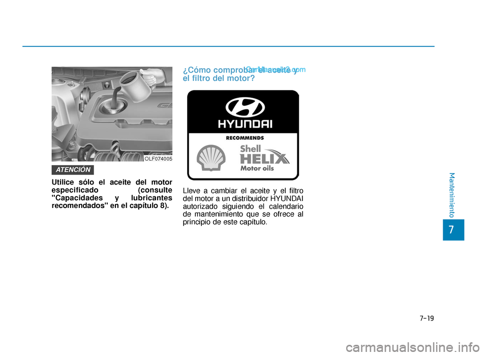 Hyundai Sonata 2015  Manual del propietario (in Spanish) 7-19
7
Mantenimiento
Utilice sólo el aceite del motor
especificado (consulte
"Capacidades y lubricantes
recomendados" en el capítulo 8).
¿Cómo comprobar el aceite y
el filtro del motor?
Lleve a ca