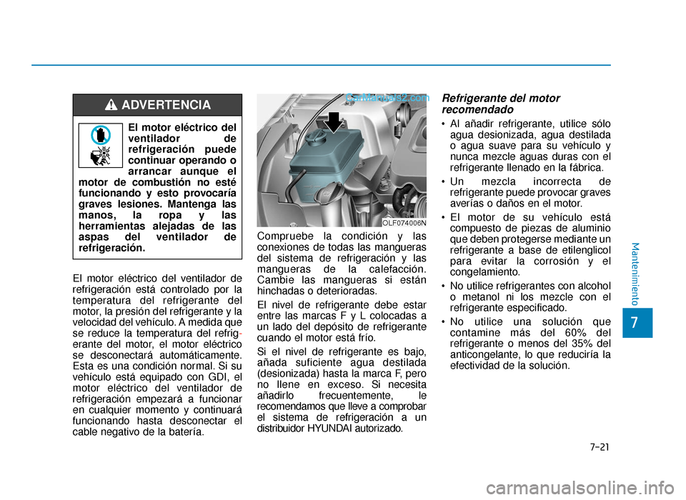 Hyundai Sonata 2015  Manual del propietario (in Spanish) 7-21
7
Mantenimiento
El motor eléctrico del ventilador de
refrigeración está controlado por la
temperatura del refrigerante del
motor, la presión del refrigerante y la
velocidad del vehículo. A m