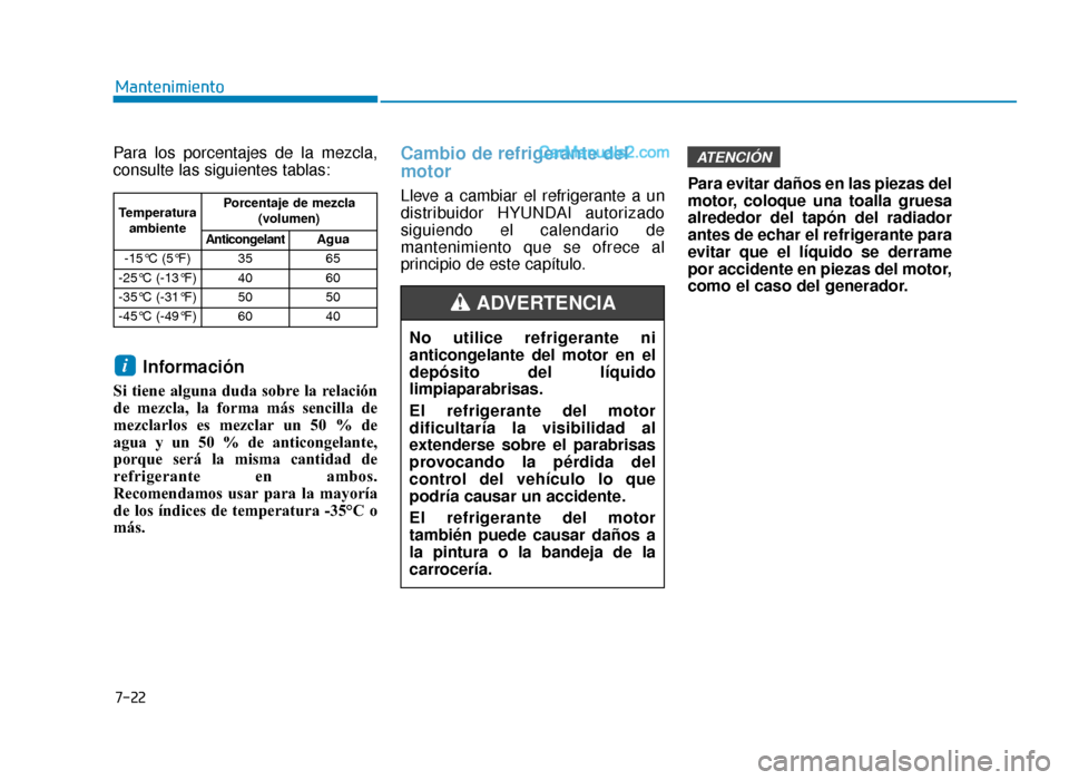 Hyundai Sonata 2015  Manual del propietario (in Spanish) 7-22
Mantenimiento
Para los porcentajes de la mezcla,
consulte las siguientes tablas:
Información
Si tiene alguna duda sobre la relación
de mezcla, la forma más sencilla de
mezclarlos es mezclar un