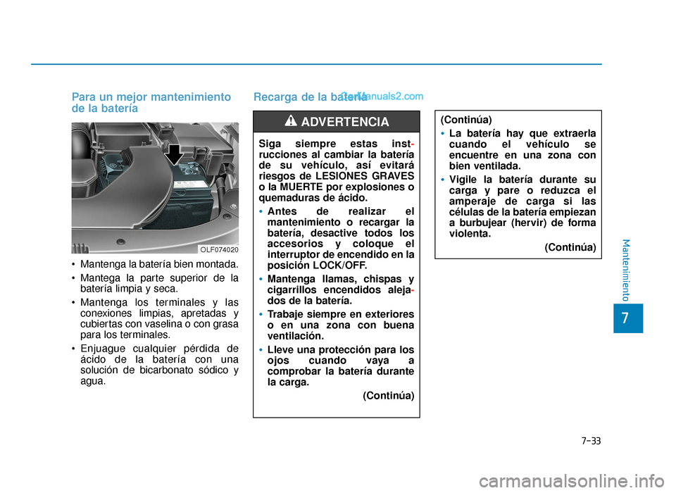 Hyundai Sonata 2015  Manual del propietario (in Spanish) 7-33
7
Mantenimiento
Para un mejor mantenimiento
de la batería 
 Mantenga la batería bien montada.
 Mantega la parte superior de labatería limpia y seca.
 Mantenga los terminales y las conexiones l