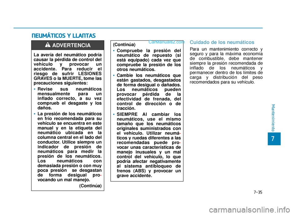 Hyundai Sonata 2015  Manual del propietario (in Spanish) 7-35
7
Mantenimiento
N
NE
EU
U M
M Á
ÁT
TI
IC
C O
O S
S 
 Y
Y  
 L
L L
LA
A N
N T
TA
A S
S
Cuidado de los neumáticos
Para un mantenimiento correcto y
seguro y para la máxima economía
de combustib