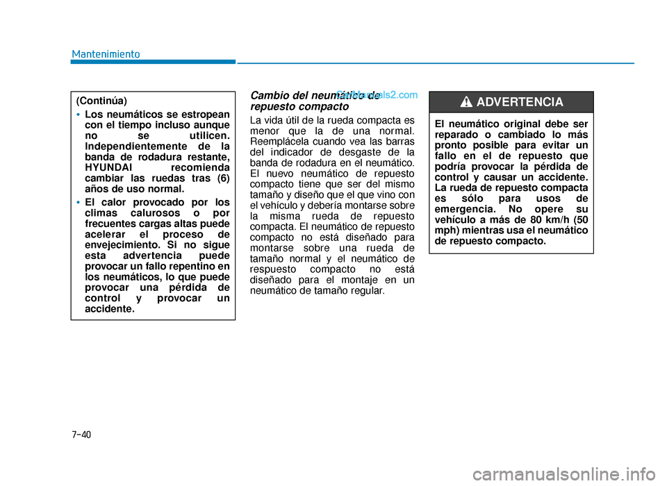Hyundai Sonata 2015  Manual del propietario (in Spanish) 7-40
Mantenimiento
Cambio del neumático derepuesto compacto
La vida útil de la rueda compacta es
menor que la de una normal.
Reemplácela cuando vea las barras
del indicador de desgaste de la
banda 