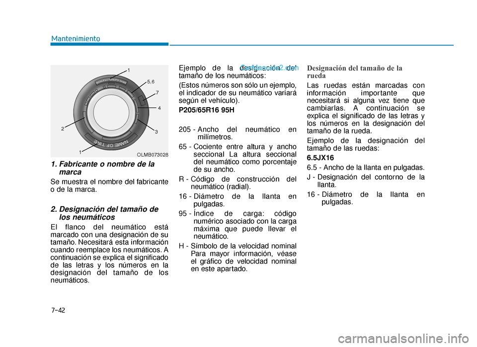 Hyundai Sonata 2015  Manual del propietario (in Spanish) 7-42
Mantenimiento
1. Fabricante o nombre de lamarca   
Se muestra el nombre del fabricante
o de la marca.
2. Designación del tamaño delos neumáticos 
El flanco del neumático está
marcado con una