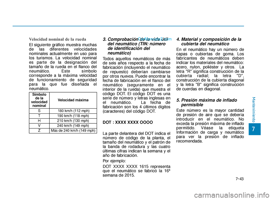 Hyundai Sonata 2015  Manual del propietario (in Spanish) 7-43
7
Mantenimiento
Velocidad nominal de la rueda
El siguiente gráfico muestra muchas
de las diferentes velocidades
nominales actualmente en uso para
los turismos. La velocidad nominal
es parte de l