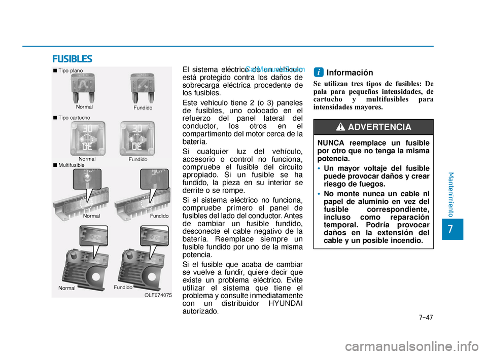 Hyundai Sonata 2015  Manual del propietario (in Spanish) F
FU
U S
SI
IB
B L
LE
E S
S
7-47
7
Mantenimiento
El sistema eléctrico de un vehículo
está protegido contra los daños de
sobrecarga eléctrica procedente de
los fusibles.
Este vehículo tiene 2 (o 