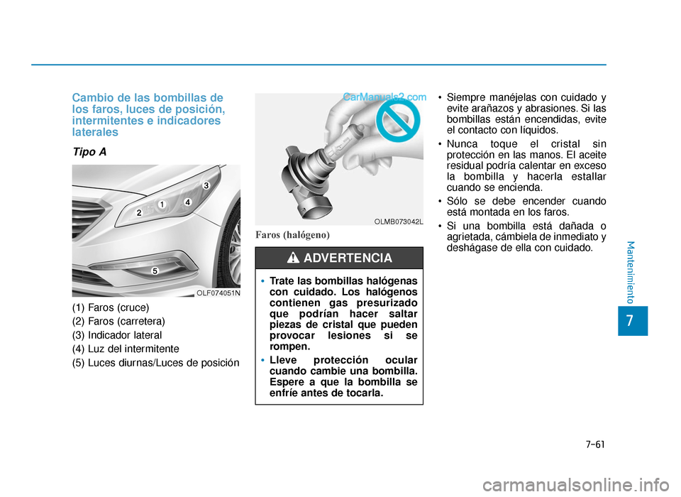Hyundai Sonata 2015  Manual del propietario (in Spanish) 7-61
7
Mantenimiento
Cambio de las bombillas de
los faros, luces de posición,
intermitentes e indicadores
laterales
Tipo A
(1) Faros (cruce)
(2) Faros (carretera)
(3) Indicador lateral
(4) Luz del in