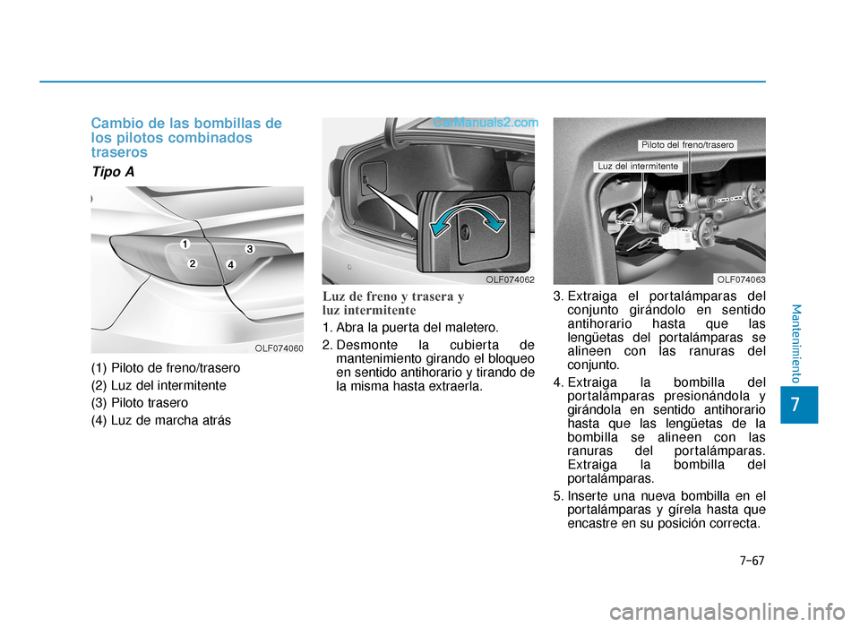 Hyundai Sonata 2015  Manual del propietario (in Spanish) 7-67
7
Mantenimiento
Cambio de las bombillas de
los pilotos combinados
traseros
Tipo A
(1) Piloto de freno/trasero
(2) Luz del intermitente
(3) Piloto trasero
(4) Luz de marcha atrás
Luz de freno y t