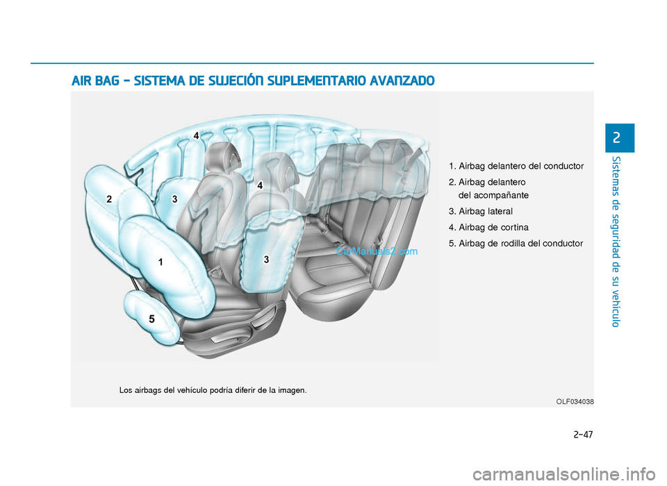 Hyundai Sonata 2015  Manual del propietario (in Spanish) 2-47
Sistemas de seguridad de su vehículo
2
A
AI
IR
R  
 B
B A
A G
G  
 -
-  
 S
S I
IS
S T
T E
EM
M A
A 
 D
D E
E 
 S
S U
U J
JE
E C
CI
IÓ
Ó N
N 
 S
S U
U P
PL
LE
E M
M E
EN
N T
TA
A R
RI
IO
O  
 