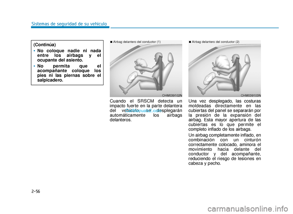 Hyundai Sonata 2015  Manual del propietario (in Spanish) 2-56
Sistemas de seguridad de su vehículoCuando el SRSCM detecta un
impacto fuerte en la parte delantera
del vehículo, se desplegarán
automáticamente los airbags
delanteros. Una vez desplegado, la