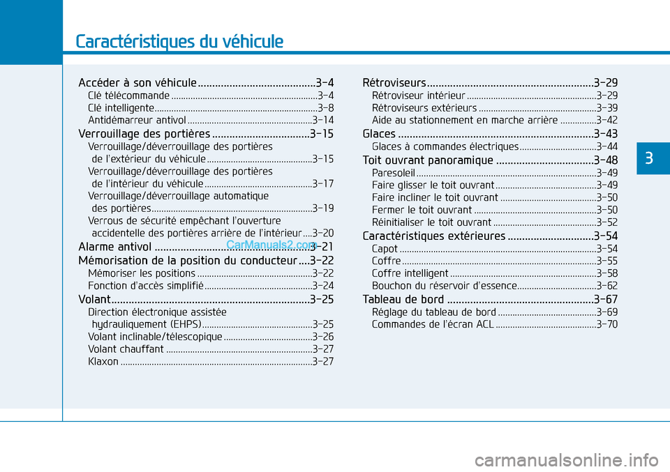 Hyundai Sonata 2015 Manuel du propriétaire (in French) Caractéristiques du véhicule
Accéder à son véhicule .........................................3-4
Clé télécommande .............................................................3-4
Clé intellig Hyundai Sonata 2015 Manuel du propriétaire (in French) Caractéristiques du véhicule
Accéder à son véhicule .........................................3-4
Clé télécommande .............................................................3-4
Clé intellig