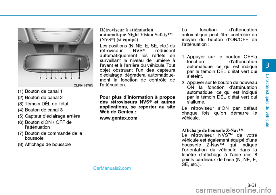 Hyundai Sonata 2015 Manuel du propriétaire (in French) 3-31
Caractéristiques du véhicule
3
(1) Bouton de canal 1
(2) Bouton de canal 2
(3) Témoin DÉL de l’état
(4) Bouton de canal 3
(5) Capteur d’éclairage arrière
(6) Bouton d’ON / OFF del’ Hyundai Sonata 2015 Manuel du propriétaire (in French) 3-31
Caractéristiques du véhicule
3
(1) Bouton de canal 1
(2) Bouton de canal 2
(3) Témoin DÉL de l’état
(4) Bouton de canal 3
(5) Capteur d’éclairage arrière
(6) Bouton d’ON / OFF del’