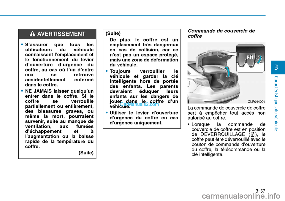 Hyundai Sonata 2015 Manuel du propriétaire (in French) 3-57
Caractéristiques du véhicule
3
Commande de couvercle decoffre
La commande de couvercle de coffre
sert à empêcher tout accès non
autorisé au coffre.
• Lorsque la commande de
couvercle de c Hyundai Sonata 2015 Manuel du propriétaire (in French) 3-57
Caractéristiques du véhicule
3
Commande de couvercle decoffre
La commande de couvercle de coffre
sert à empêcher tout accès non
autorisé au coffre.
• Lorsque la commande de
couvercle de c