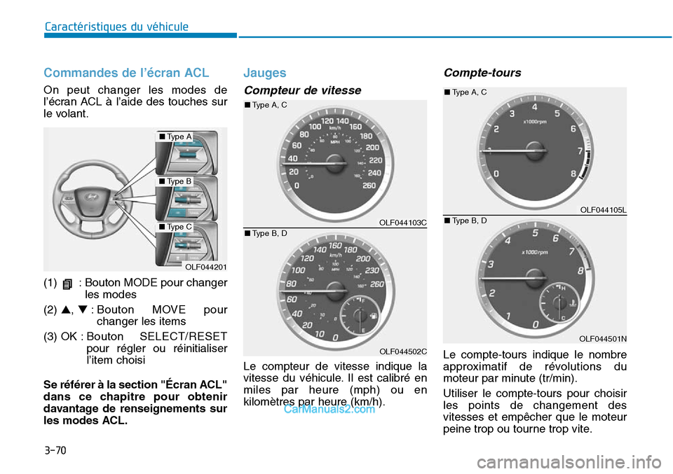 Hyundai Sonata 2015  Manuel du propriétaire (in French) 3-70
Caractéristiques du véhicule
Commandes de l’écran ACL
On peut changer les modes de
l’écran ACL à l’aide des touches sur
le volant.
(1)  : Bouton MODE pour changerles modes
(2)  ▲, 