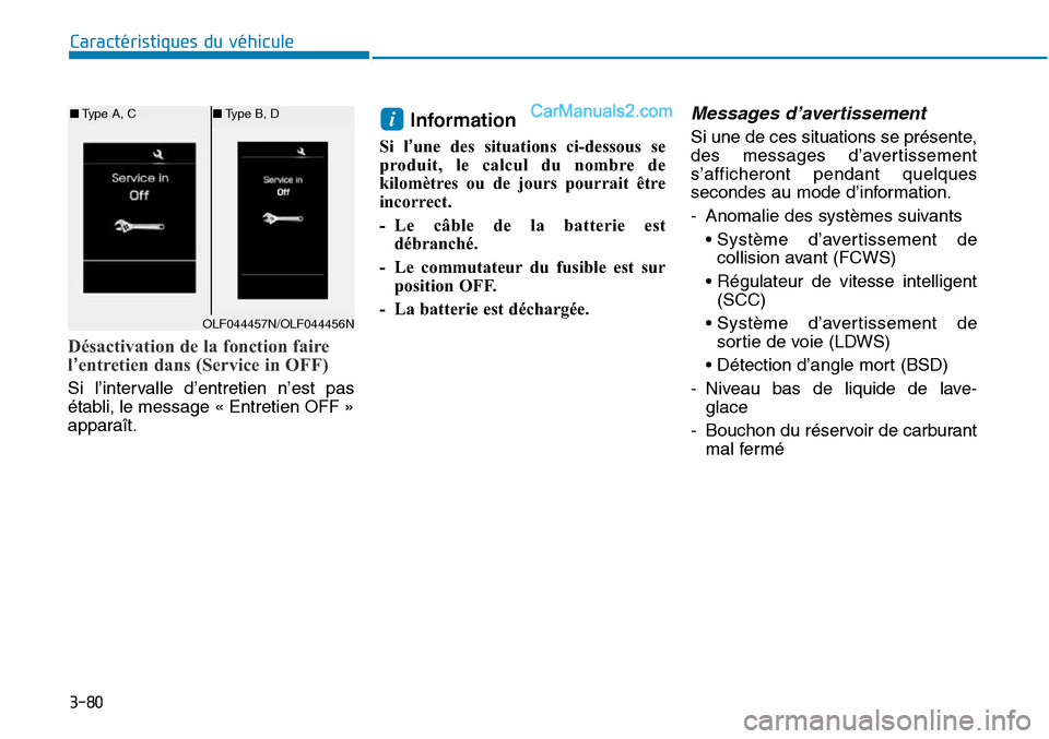 Hyundai Sonata 2015  Manuel du propriétaire (in French) 3-80
Caractéristiques du véhicule
Désactivation de la fonction faire
l’entretien dans (Service in OFF)
Si l’intervalle d’entretien n’est pas
établi, le message « Entretien OFF »
apparaî