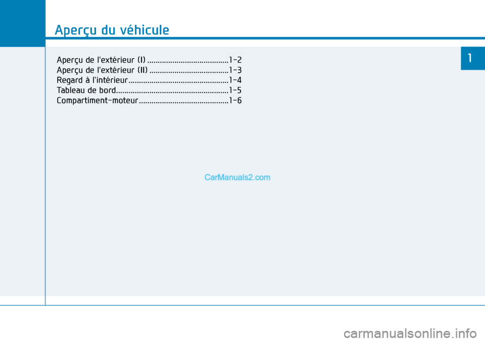 Hyundai Sonata 2015  Manuel du propriétaire (in French) Aperçu du véhicule
1
Aperçu du véhicule
1Aperçu de l’extérieur (I) .......................................1-2
Aperçu de l’extérieur (II) ......................................1-3
Regard à