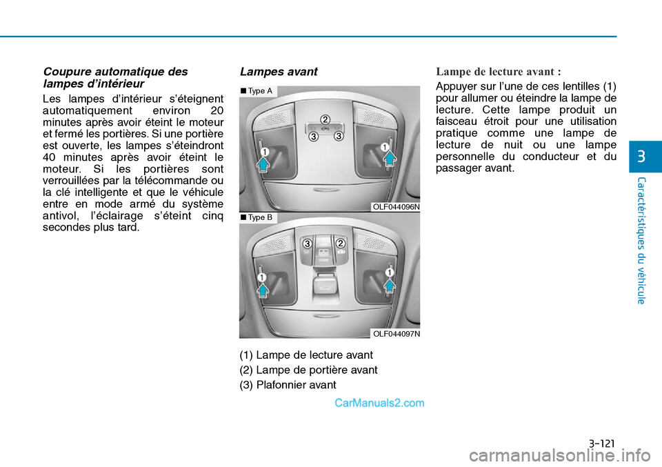 Hyundai Sonata 2015  Manuel du propriétaire (in French) 3-121
Caractéristiques du véhicule
3
Coupure automatique deslampes d’intérieur
Les lampes d’intérieur s’éteignent
automatiquement environ 20
minutes après avoir éteint le moteur
et fermé