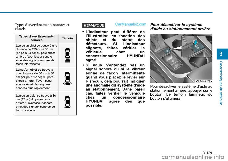 Hyundai Sonata 2015 Manuel du propriétaire (in French) 3-129
Caractéristiques du véhicule
3
Types d’avertissements sonores et
visuels
• L’indicateur peut différer de
l’illustration en fonction des
objets et du statut des
détecteurs. Si l’ind Hyundai Sonata 2015 Manuel du propriétaire (in French) 3-129
Caractéristiques du véhicule
3
Types d’avertissements sonores et
visuels
• L’indicateur peut différer de
l’illustration en fonction des
objets et du statut des
détecteurs. Si l’ind