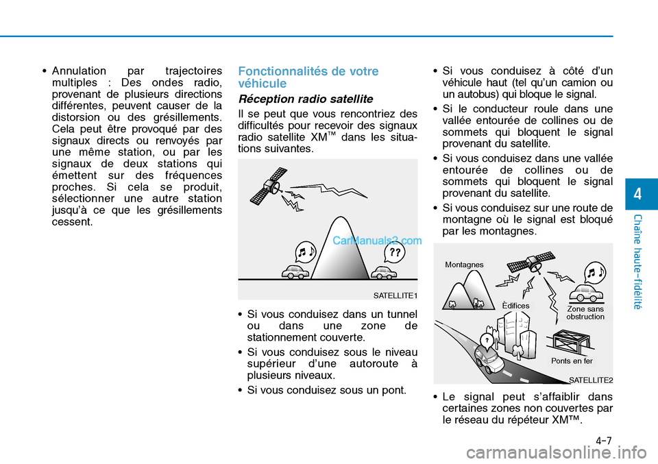 Hyundai Sonata 2015 Manuel du propriétaire (in French) 4-7
Chaîne haute-fidélité
4
• Annulation par trajectoiresmultiples : Des ondes radio,
provenant de plusieurs directions
différentes, peuvent causer de la
distorsion ou des grésillements.
Cela p Hyundai Sonata 2015 Manuel du propriétaire (in French) 4-7
Chaîne haute-fidélité
4
• Annulation par trajectoiresmultiples : Des ondes radio,
provenant de plusieurs directions
différentes, peuvent causer de la
distorsion ou des grésillements.
Cela p