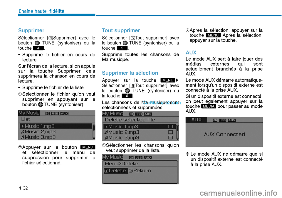 Hyundai Sonata 2015  Manuel du propriétaire (in French) 4-32
Chaîne haute-fidélité
Supprimer
Sélectionner [ Supprimer] avec le
bouton  TUNE (syntoniser) ou la
touche .
• Supprime le fichier en cours delecture
Sur l’écran de la lecture, si on appui