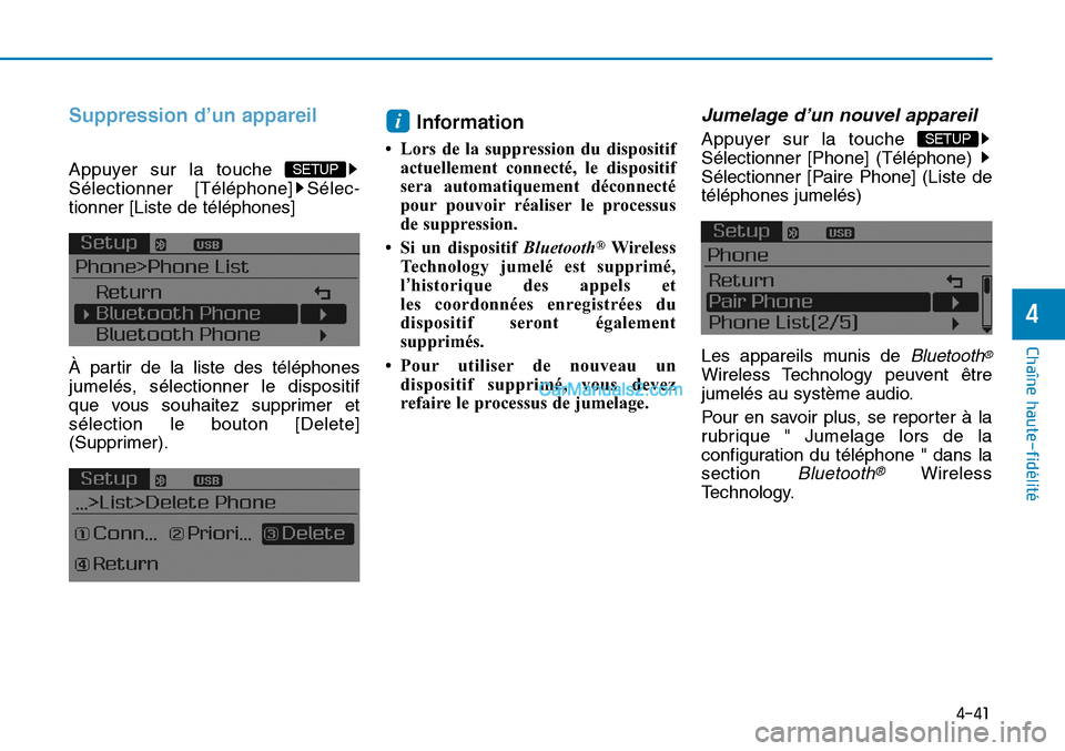 Hyundai Sonata 2015  Manuel du propriétaire (in French) 4-41
Chaîne haute-fidélité
4
Suppression d’un appareil
Appuyer sur la touche 
Sélectionner [Téléphone] Sélec-
tionner [Liste de téléphones]
À partir de la liste des téléphones
jumelés, 