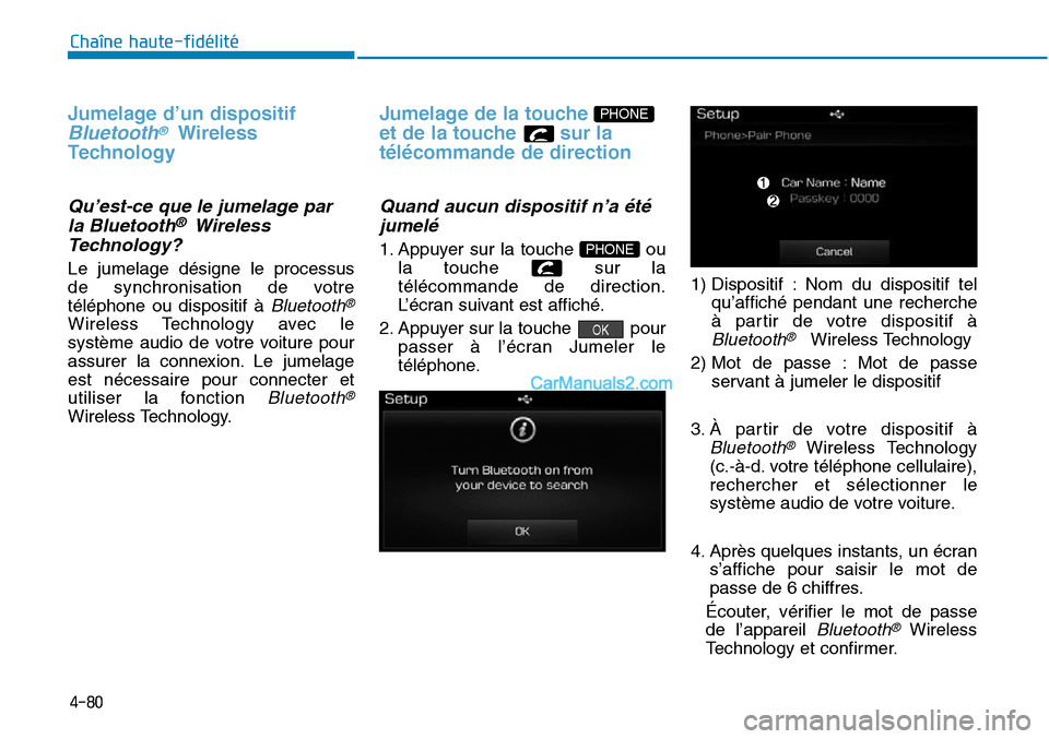 Hyundai Sonata 2015 Manuel du propriétaire (in French) 4-80
Chaîne haute-fidélité
Jumelage d’un dispositif
Bluetooth®Wireless
Technology
Qu’est-ce que le jumelage par
la Bluetooth® Wireless
Technology?
Le jumelage désigne le processus
de synchr Hyundai Sonata 2015 Manuel du propriétaire (in French) 4-80
Chaîne haute-fidélité
Jumelage d’un dispositif
Bluetooth®Wireless
Technology
Qu’est-ce que le jumelage par
la Bluetooth® Wireless
Technology?
Le jumelage désigne le processus
de synchr