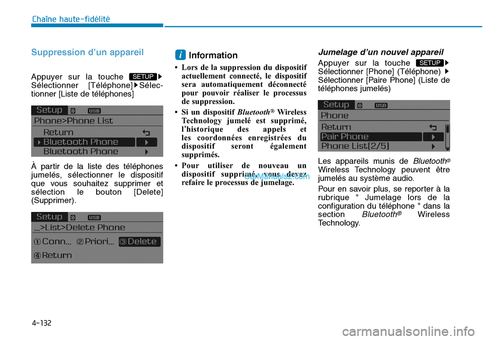 Hyundai Sonata 2015  Manuel du propriétaire (in French) 4-132
Chaîne haute-fidélité
Suppression d’un appareil
Appuyer sur la touche 
Sélectionner [Téléphone] Sélec-
tionner [Liste de téléphones]
À partir de la liste des téléphones
jumelés, s