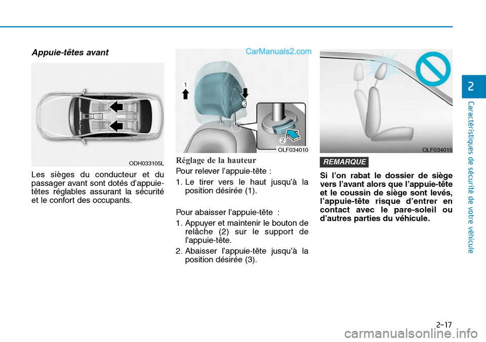 Hyundai Sonata 2015  Manuel du propriétaire (in French) 2-17
Caractéristiques de sécurité de votre véhicule
2
Appuie-têtes avant
Les sièges du conducteur et du
passager avant sont dotés d’appuie-
têtes réglables assurant la sécurité
et le conf