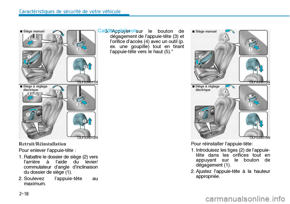 Hyundai Sonata 2015  Manuel du propriétaire (in French) 2-18
Caractéristiques de sécurité de votre véhicule
Retrait/Réinstallation
Pour enlever l’appuie-tête :
1. Rabattre le dossier de siège (2) versl’arrière à l’aide du levier/
commutateur