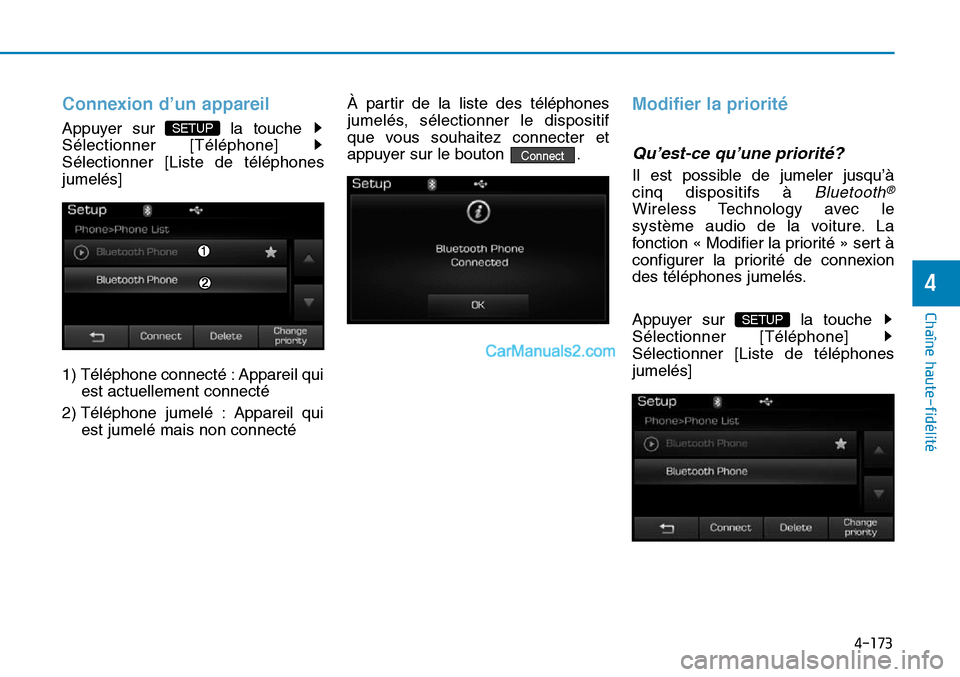 Hyundai Sonata 2015  Manuel du propriétaire (in French) 4-173
Chaîne haute-fidélité
4
Connexion d’un appareil
Appuyer sur  la touche 
Sélectionner [Téléphone] 
Sélectionner [Liste de téléphones
jumelés]
1) Téléphone connecté : Appareil quies