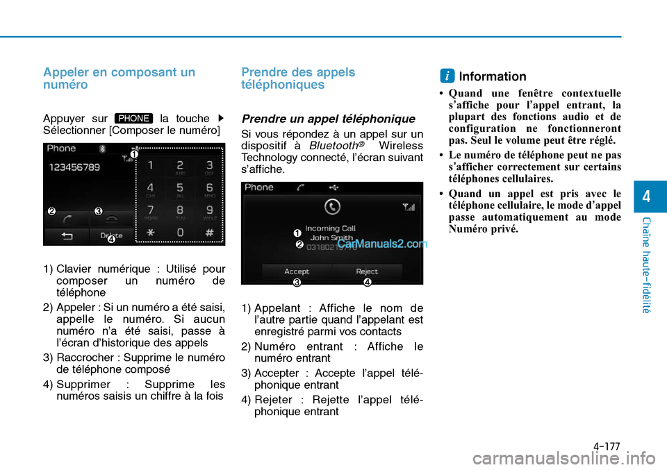 Hyundai Sonata 2015  Manuel du propriétaire (in French) 4-177
Chaîne haute-fidélité
4
Appeler en composant un
numéro
Appuyer sur  la touche 
Sélectionner [Composer le numéro]
1) Clavier numérique : Utilisé pourcomposer un numéro de
téléphone
2) 