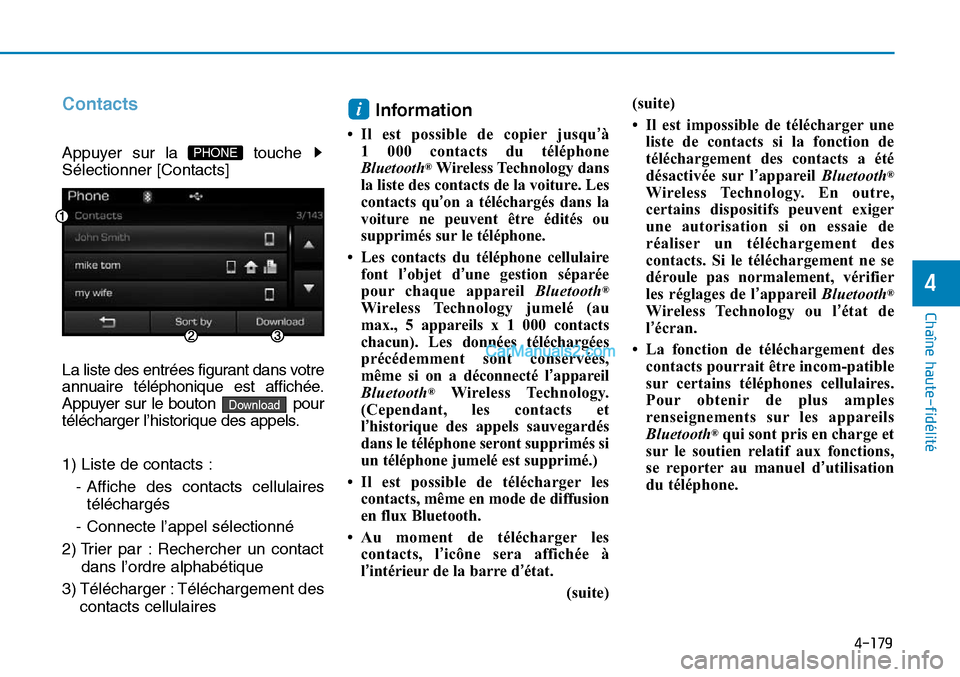 Hyundai Sonata 2015  Manuel du propriétaire (in French) 4-179
Chaîne haute-fidélité
4
Contacts
Appuyer sur la  touche 
Sélectionner [Contacts]
La liste des entrées figurant dans votre
annuaire téléphonique est affichée.
Appuyer sur le bouton  pour
